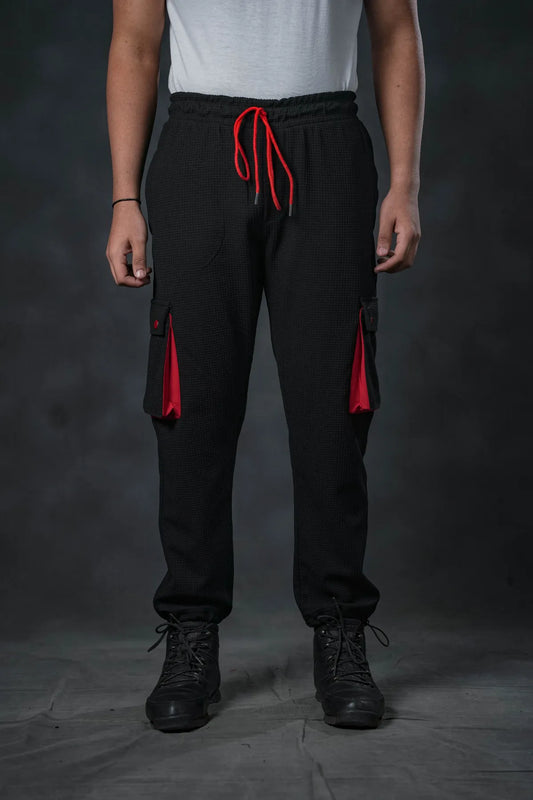 SEVEN Black Grid Cargo Trousers - Crimson Accents