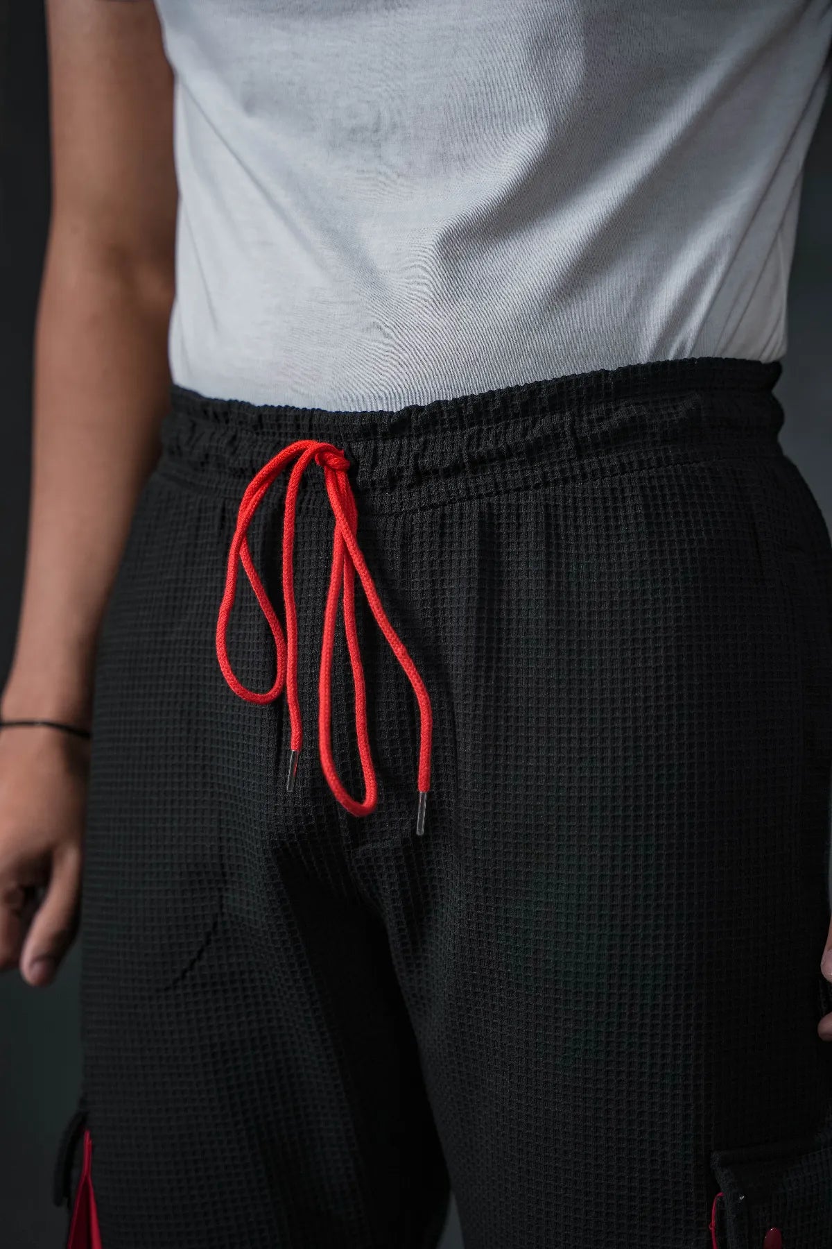 SEVEN Black Grid Cargo Trousers - Crimson Accents