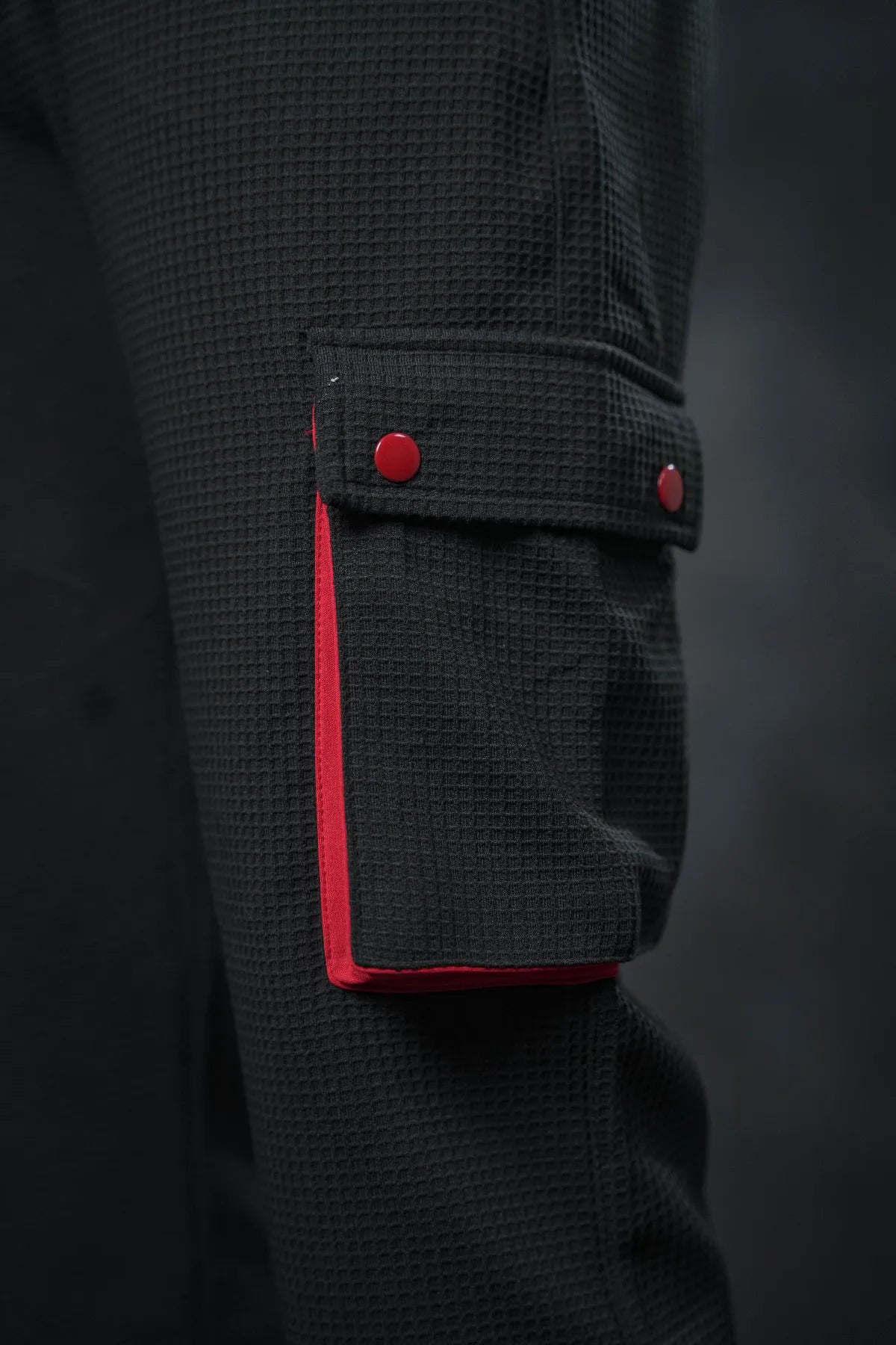 SEVEN Black Grid Cargo Trousers - Crimson Accents