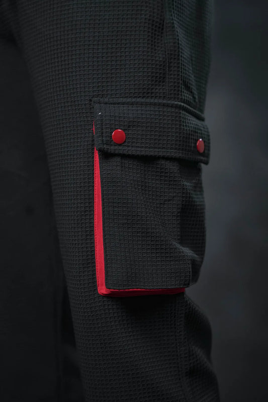 SEVEN Black Grid Cargo Trousers - Crimson Accents