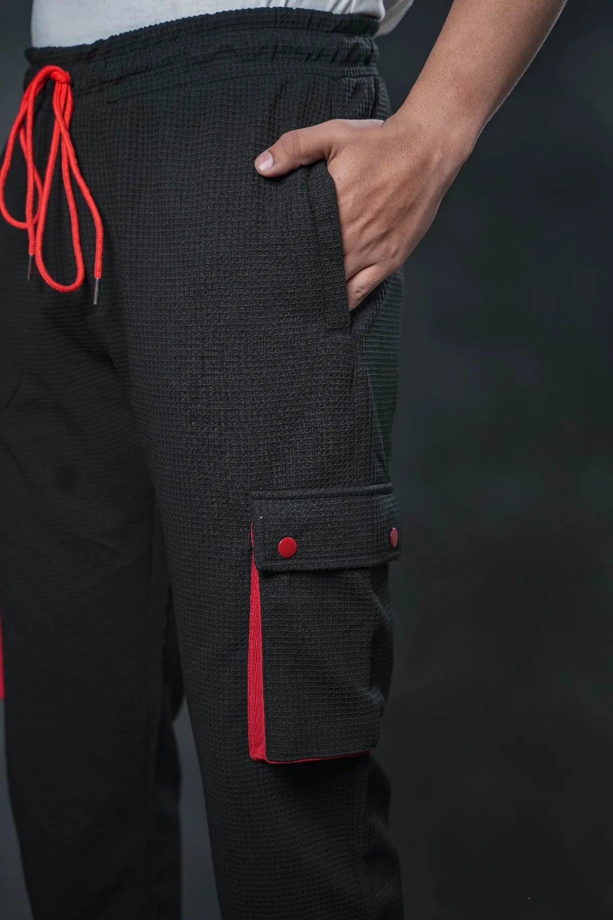 SEVEN Black Grid Cargo Trousers - Crimson Accents
