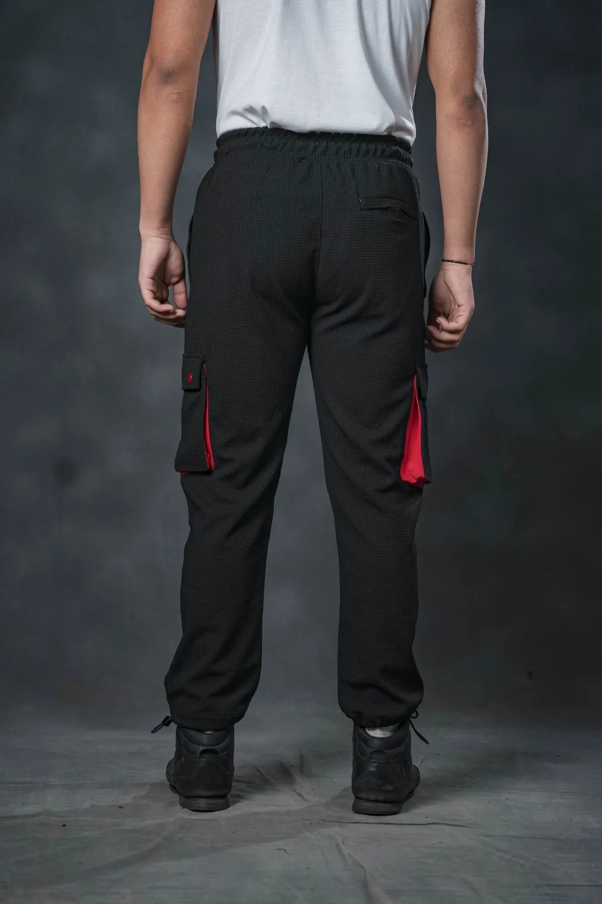 SEVEN Black Grid Cargo Trousers - Crimson Accents