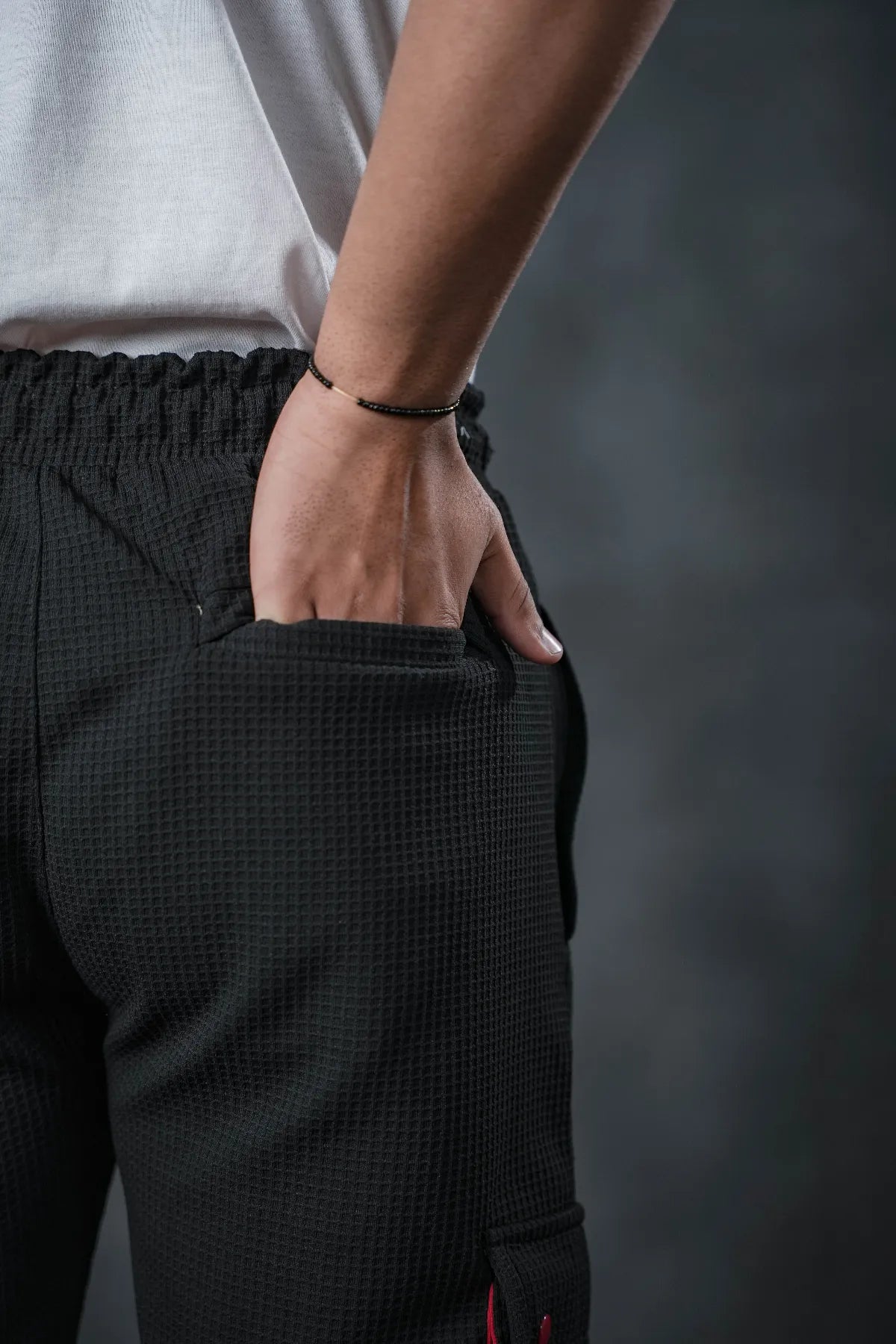 SEVEN Black Grid Cargo Trousers - Crimson Accents