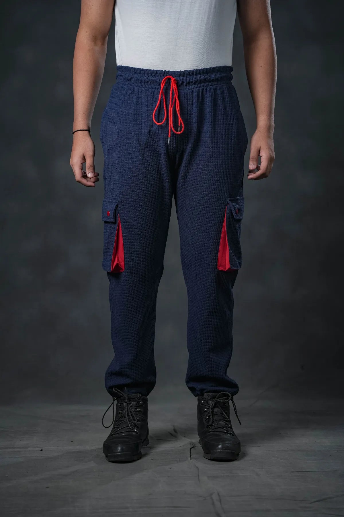 SEVEN Navy Grid Cargo Trousers - Mariner Red Pop