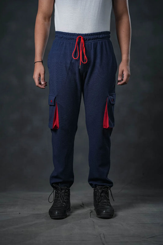 SEVEN Navy Grid Cargo Trousers - Mariner Red Pop
