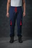 SEVEN Navy Grid Cargo Trousers - Mariner Red Pop