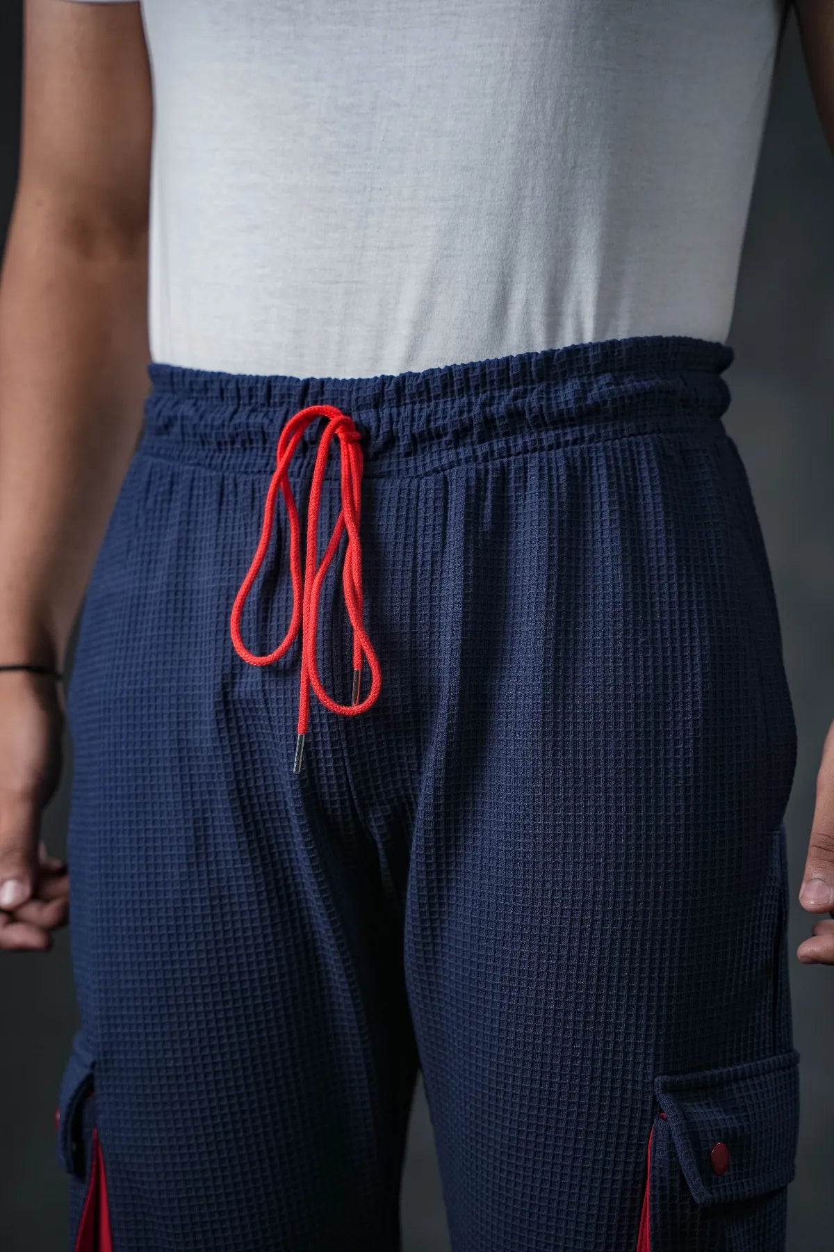 SEVEN Navy Grid Cargo Trousers - Mariner Red Pop