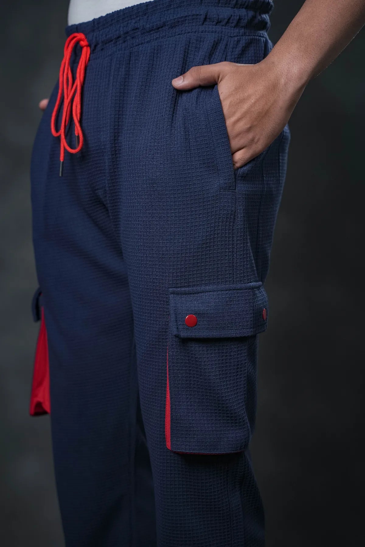SEVEN Navy Grid Cargo Trousers - Mariner Red Pop