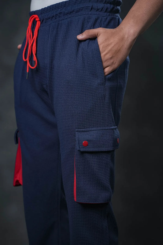 SEVEN Navy Grid Cargo Trousers - Mariner Red Pop