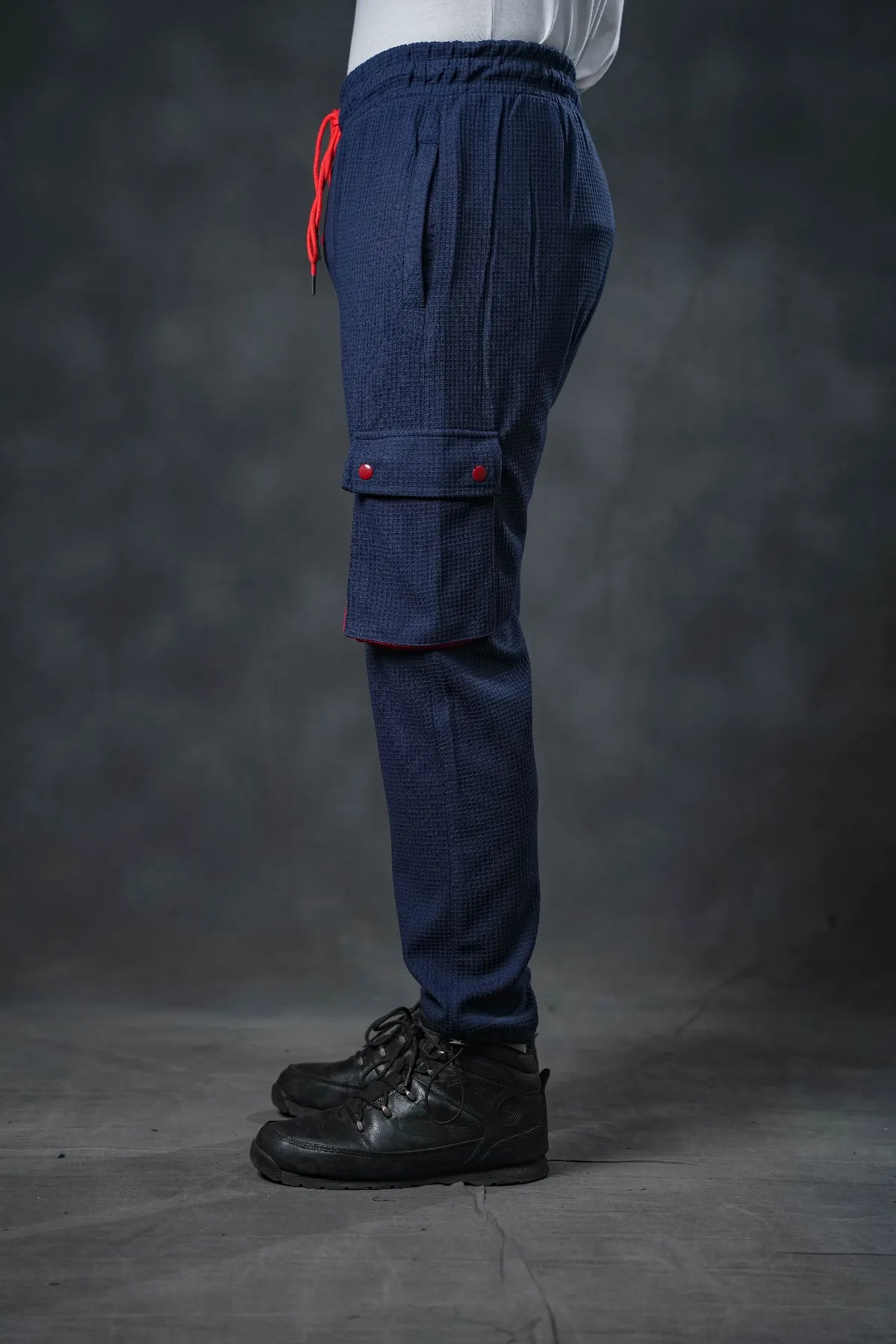 SEVEN Navy Grid Cargo Trousers - Mariner Red Pop