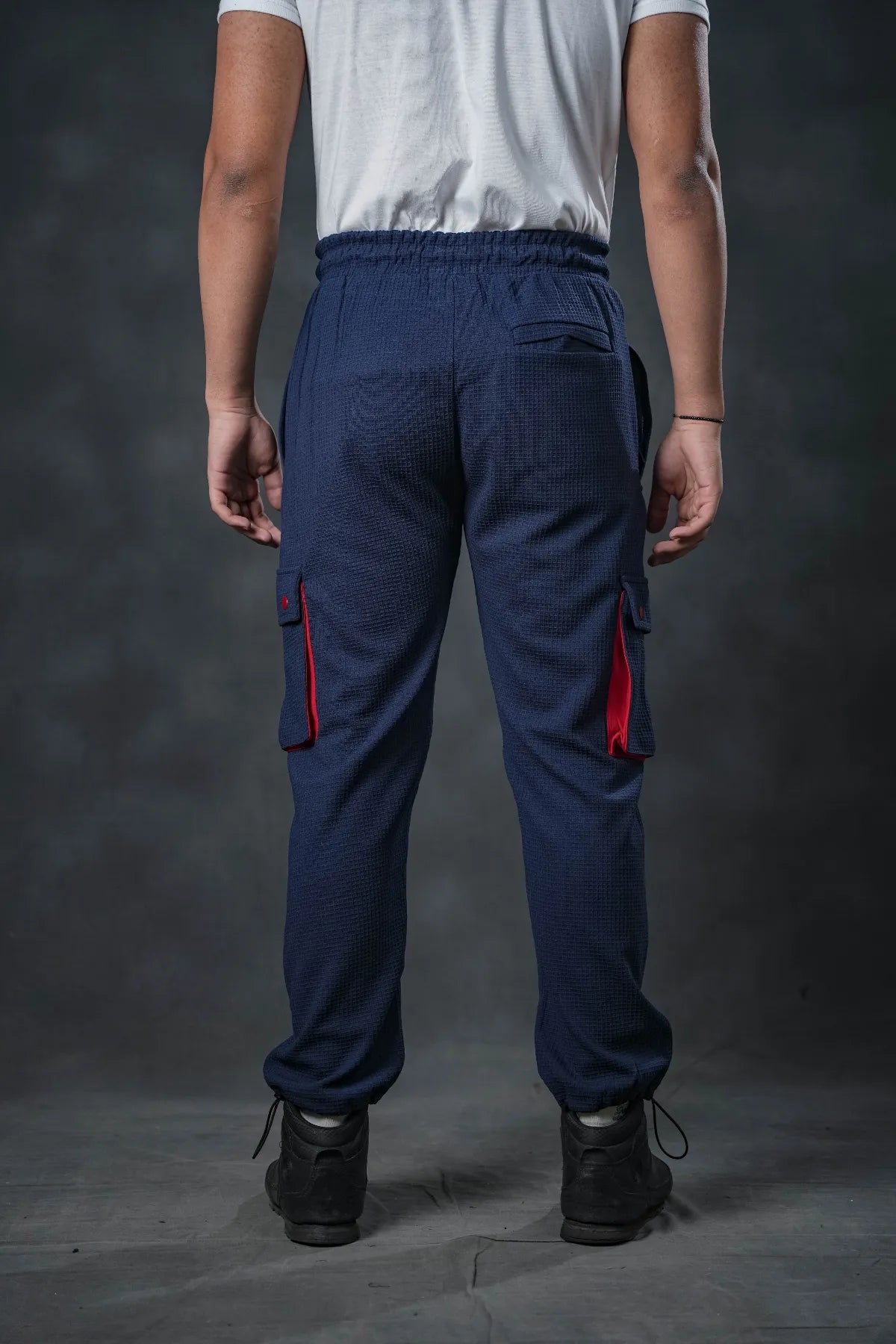 SEVEN Navy Grid Cargo Trousers - Mariner Red Pop