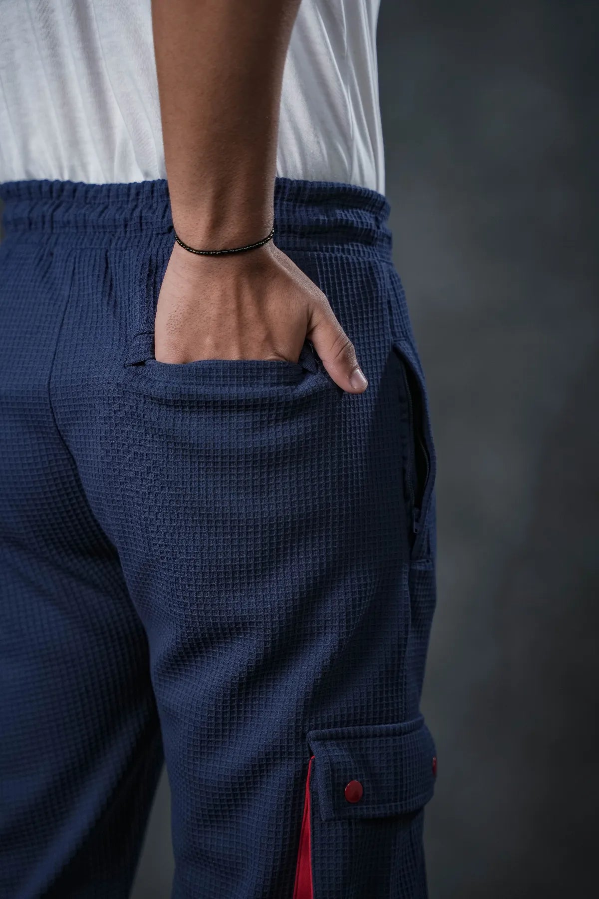 SEVEN Navy Grid Cargo Trousers - Mariner Red Pop