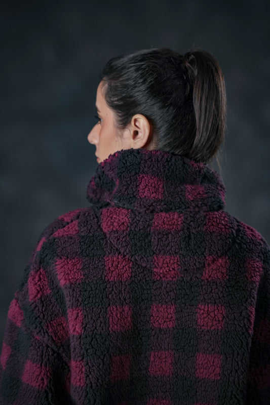 Plaid Fleece Pullover – Burgundy & Black