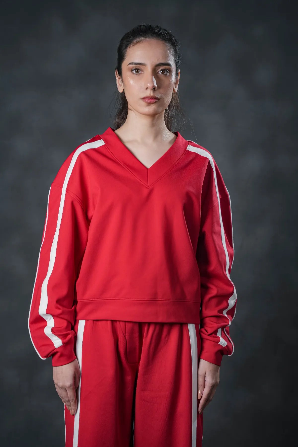 Crimson Line V-Neck Tracksuit – Bold Energy Edition