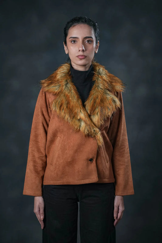 Faux Fur Collar Puffer Jacket – Caramel Brown