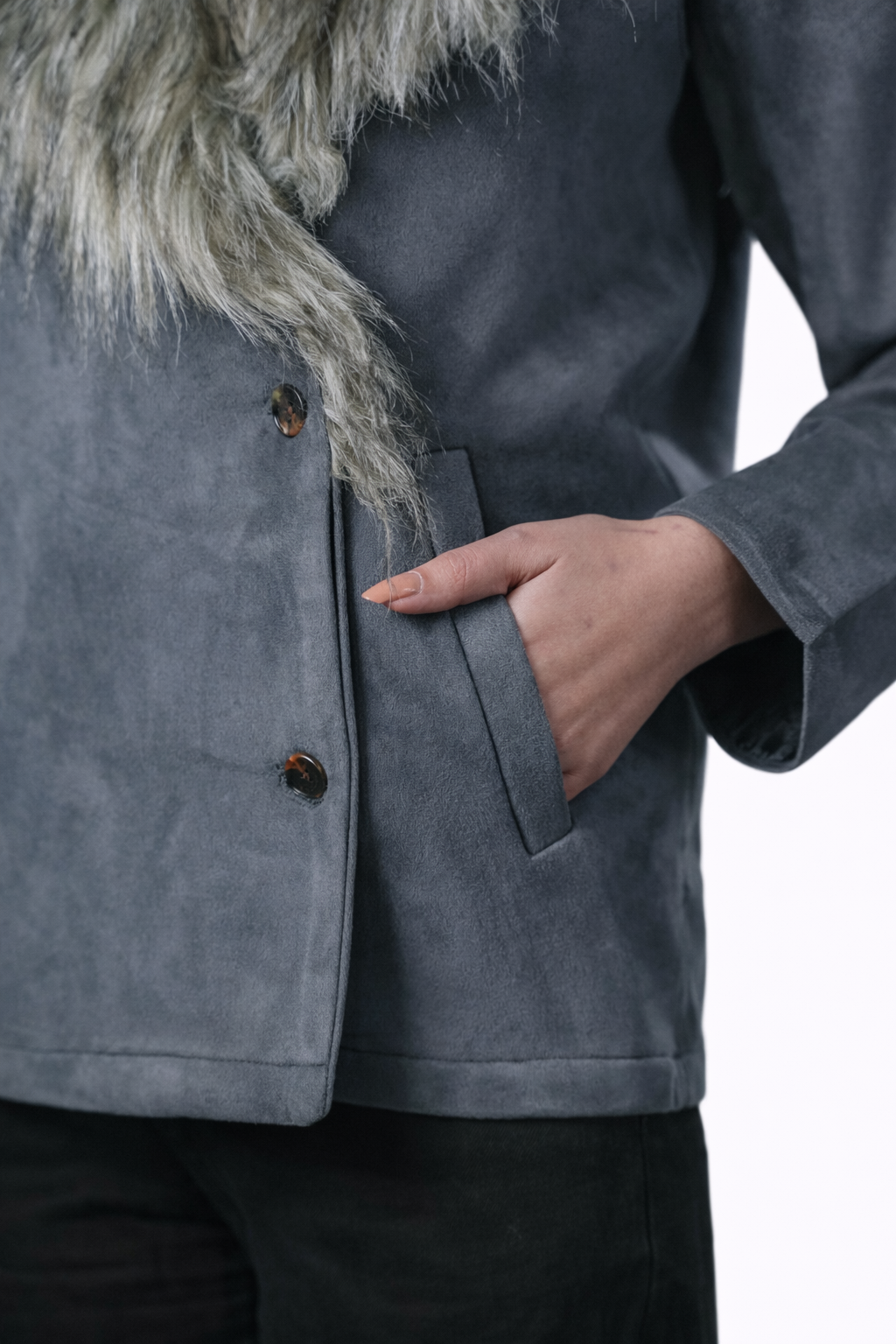 Grey Fur Collar Jacket – Regular Fit – Women