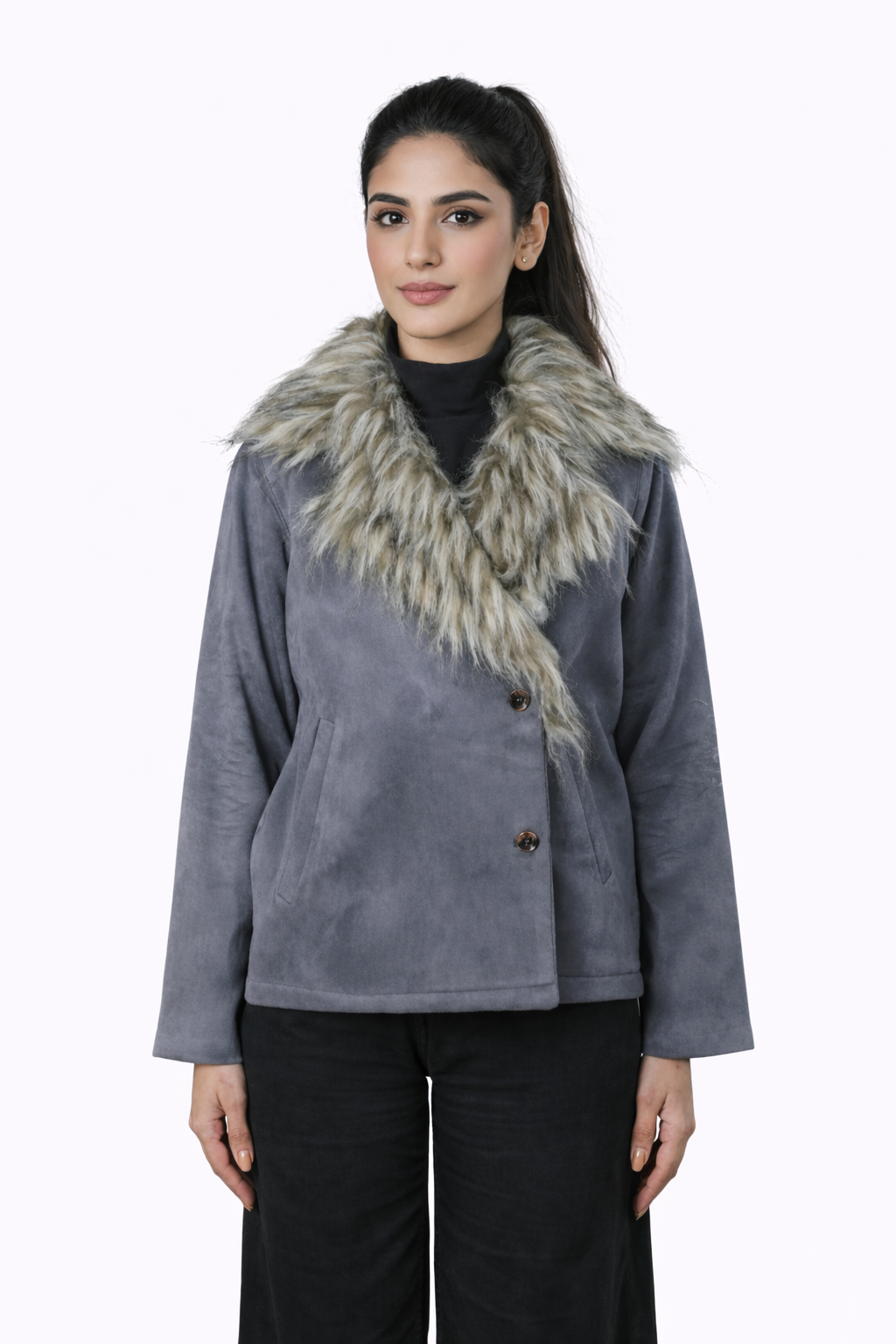 Grey Fur Collar Jacket – Regular Fit – Women