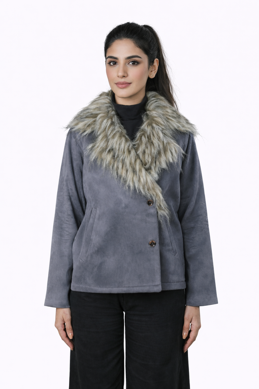 Grey Fur Collar Jacket – Regular Fit – Women