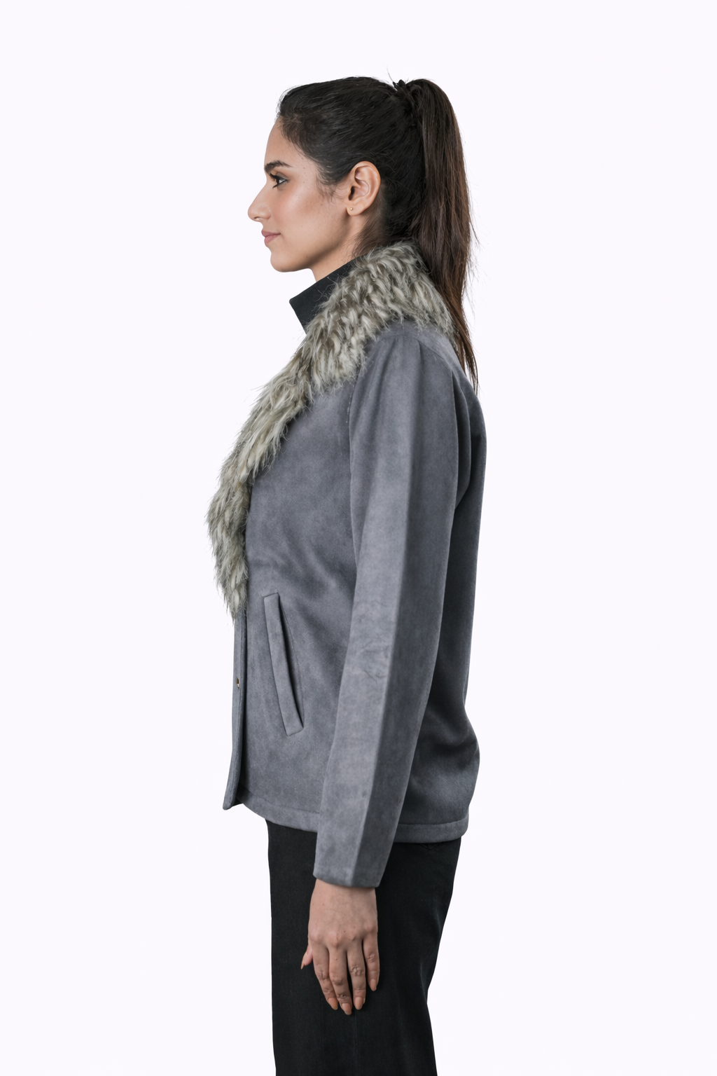 Grey Fur Collar Jacket – Regular Fit – Women