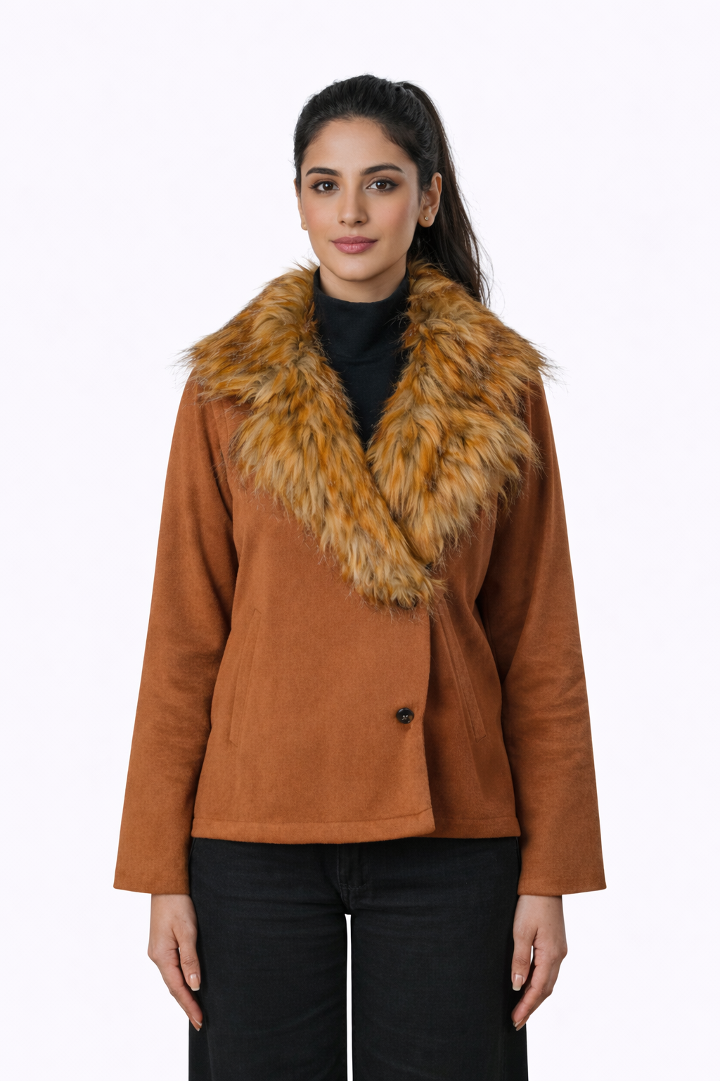 Brown Fur Collar Jacket – Loose Fit – Women