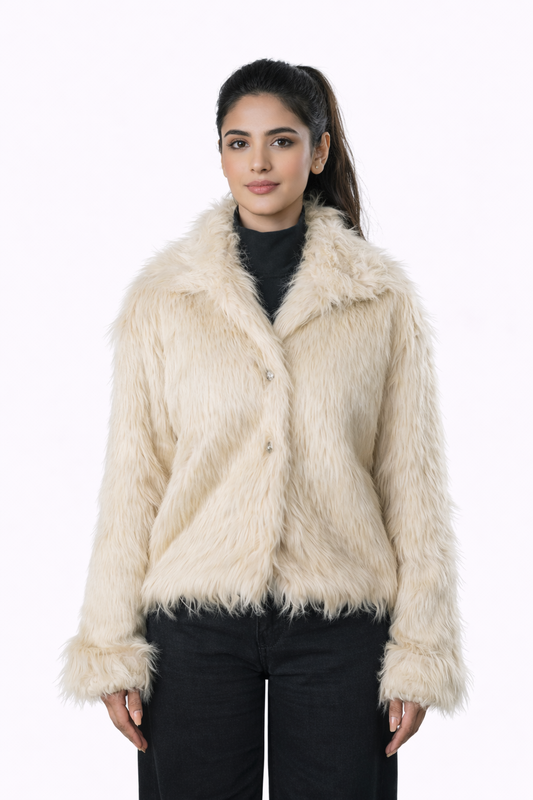 Beige Fur Jacket – Loose Fit – Women