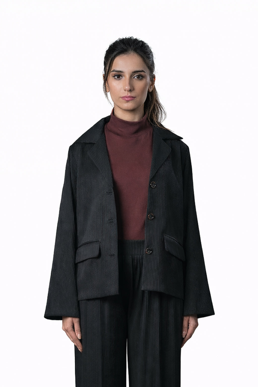 Black Pleated Two-Piece Outfit – Loose Fit – Women