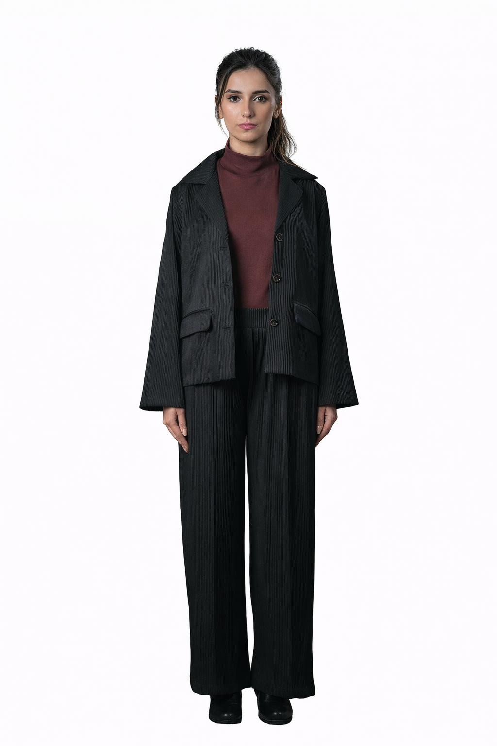 Black Pleated Two-Piece Outfit – Loose Fit – Women