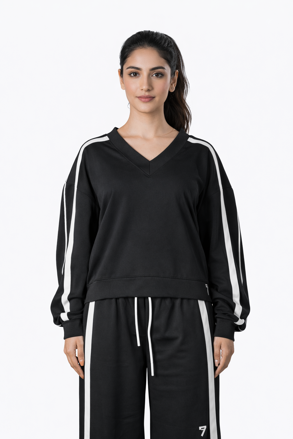 Black V-Neck Tracksuit – Loose Fit – Women