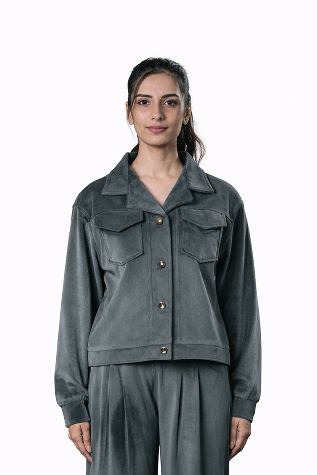 Grey Velvet Co-Ord Set – Loose Fit – Women