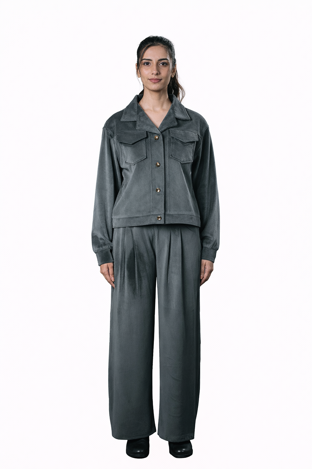 Grey Velvet Co-Ord Set – Loose Fit – Women