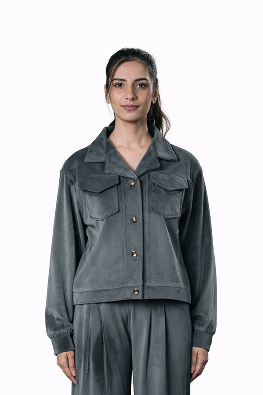 Grey Velvet Co-Ord Set – Loose Fit – Women