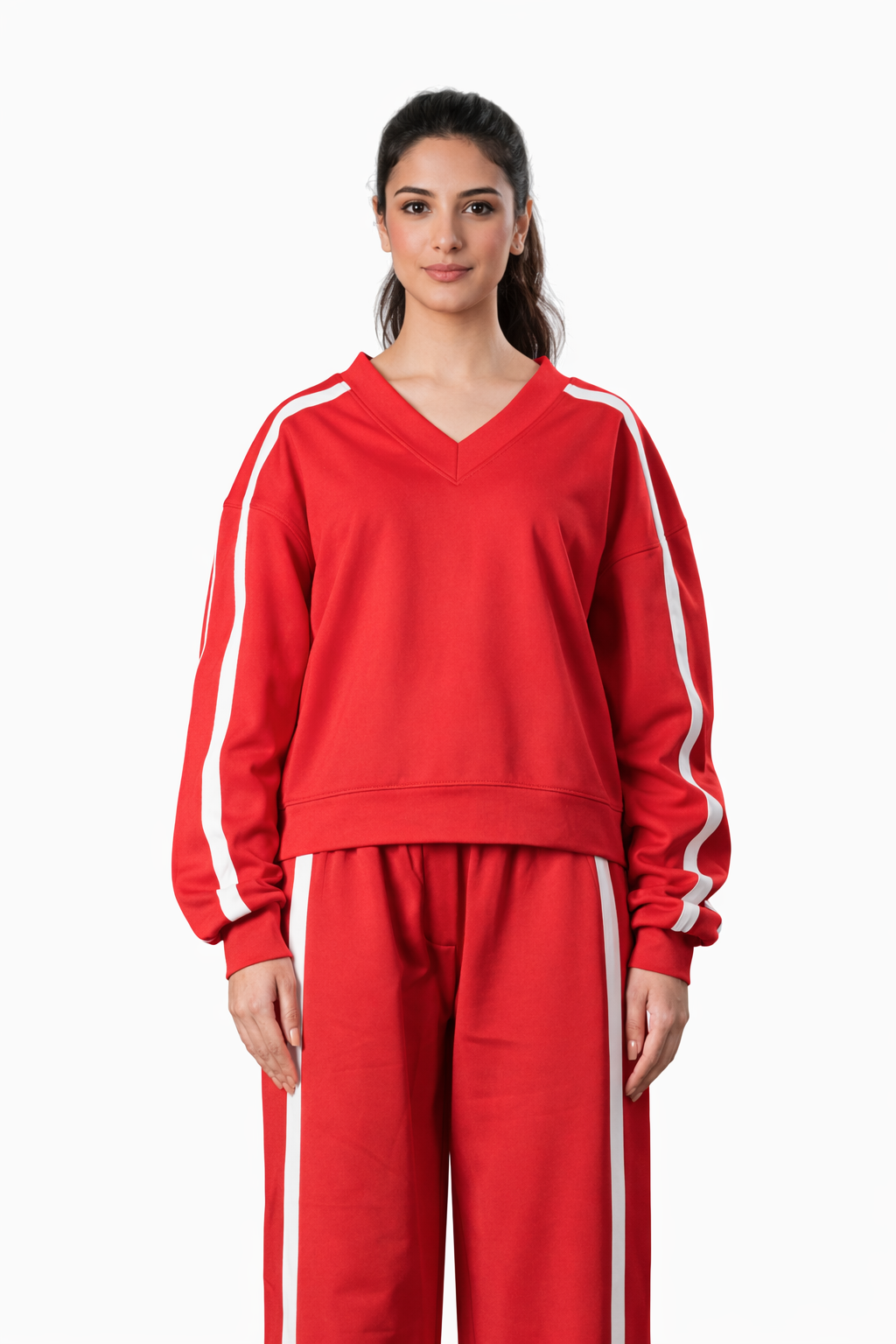Red V-Neck Tracksuit – Loose Fit – Women