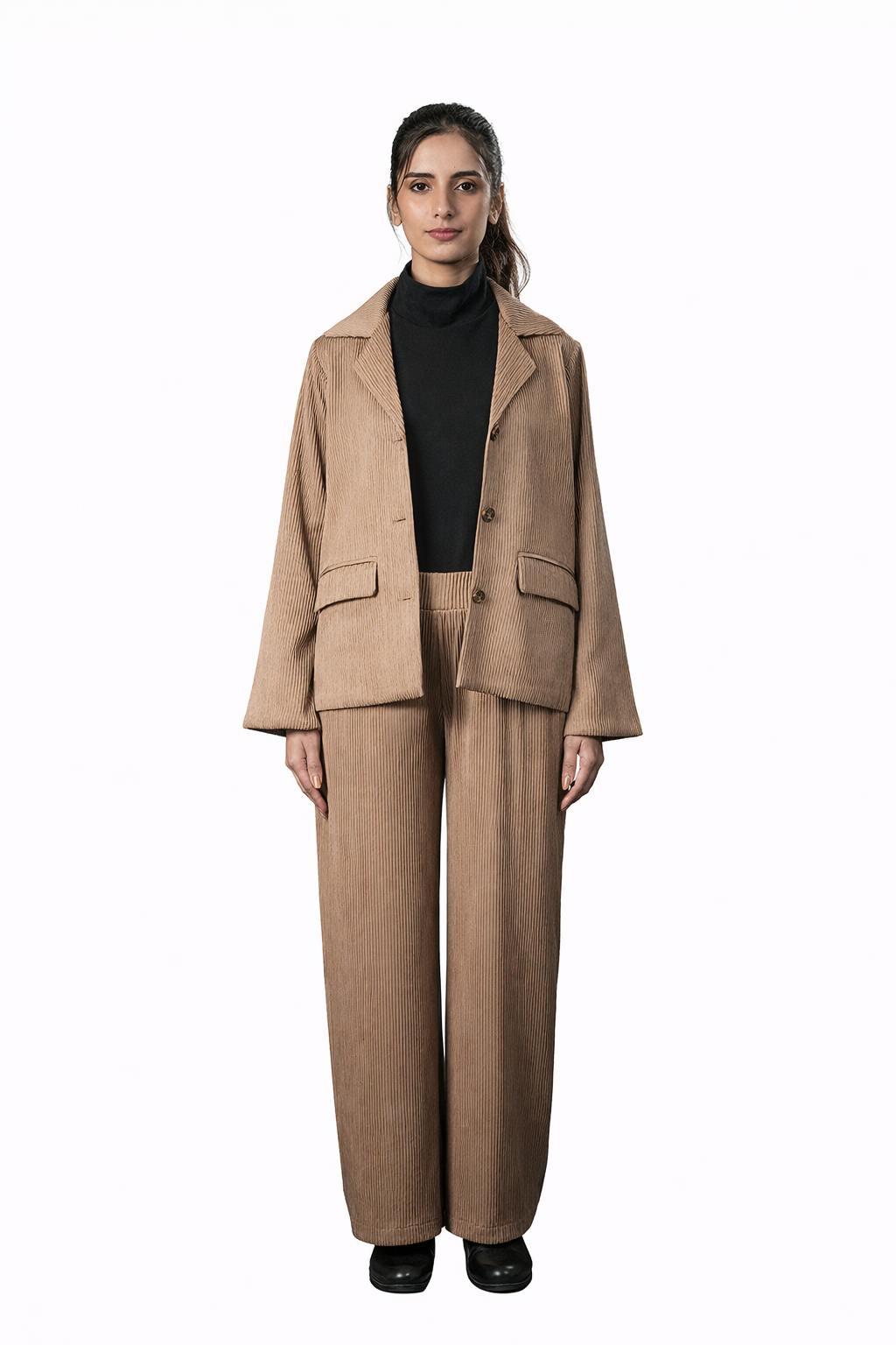 Beige Pleated Two-Piece Outfit – Loose Fit – Women