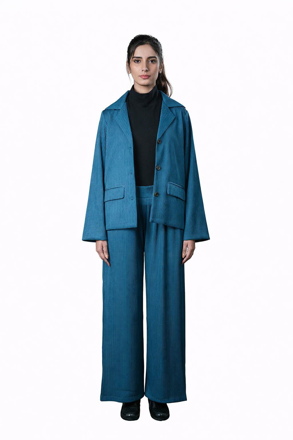 Blue Pleated Two-Piece Outfit – Loose Fit – Women