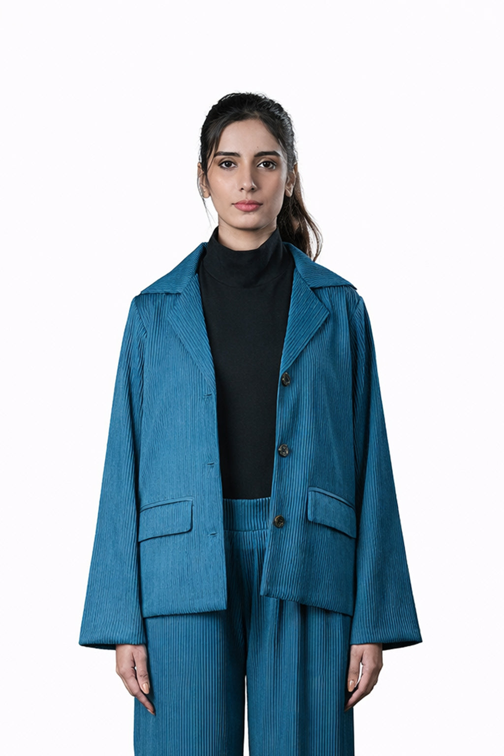 Blue Pleated Two-Piece Outfit – Loose Fit – Women