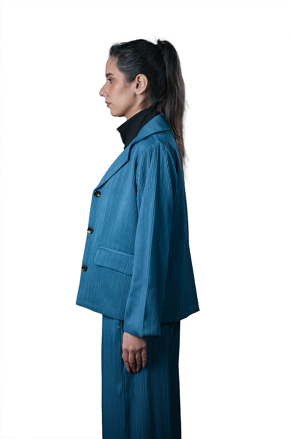 Blue Pleated Two-Piece Outfit – Loose Fit – Women