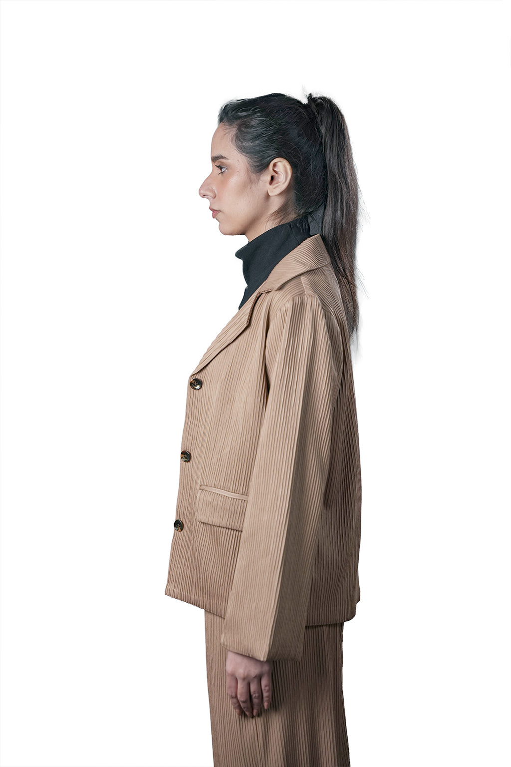 Beige Pleated Two-Piece Outfit – Loose Fit – Women