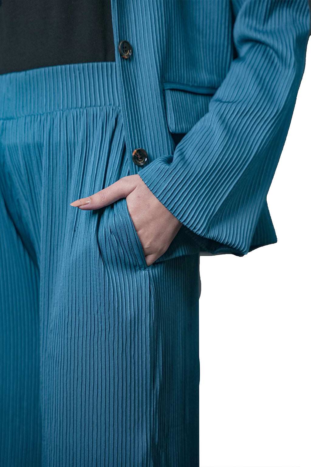 Blue Pleated Two-Piece Outfit – Loose Fit – Women